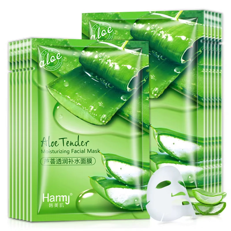 10Pcs Natural Aloe Vera Face Masks Skin Care Moisturizing Brightening Korean Mask Face Lifting Visage Facial Mask for Beauty